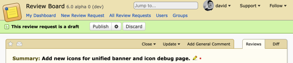 Basic draft banner shown when posting a brand-new review request. This states the review request is a draft, and includes a combo Publish/Options button, followed by a Discard button.