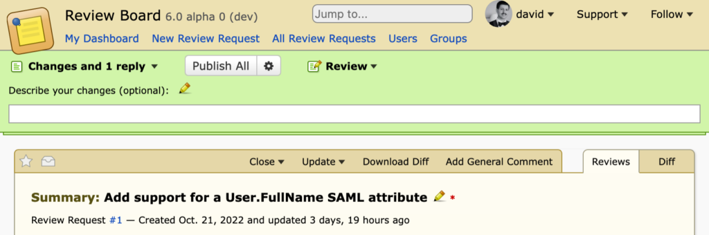 A draft banner showing that there are both changes to the review request pending, and one reply to a review. This lists "Changes an 1 reply" as a drop-down menu for selecting just a subset; a "Publish All"/Options combo button, and a "Review" drop-down menu. On the next line is a "Describe your changes" field for describing the new review request draft.