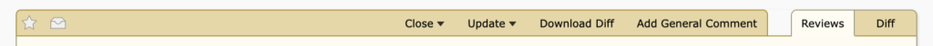 The current list of review request actions. This shows: "Star", "Archive", "Close" menu, "Update" menu, "Download Diff", "Add General Comment", and two tabs: "Reviews" and "Diff".