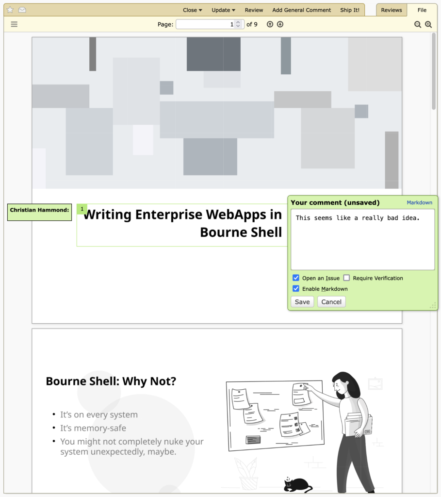 A sample review session for a LibreOffice Impress document, covering a presentation titled "Writing Enterprise WebApps in Bourne Shell." There's a comment saying "This seems like a really bad idea." The second page says "Bourne Shell: Why Not?" and states "It's on every system; It's memory-safe; You might not completely nuke your system unexpectedly, maybe."