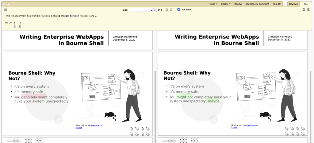 A screenshot showing a side-by-side diff of two PowerPoint presentations. The old text, "You definitely won't completely nuke your system unexpectedly" is shown on the left in red. On the right, the replacement text is shown in green: "You might not completely nuke your system unexpectedly." The red and green show only the changed words.