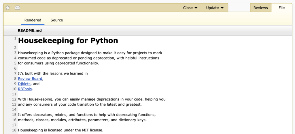 A Markdown document in hybrid rendered/source mode, showing the contents on a line-by-line basis like the source code but rendered as Markdown content. The title is "Housekeeping for Python," and it describes the Housekeeping Pyton package.