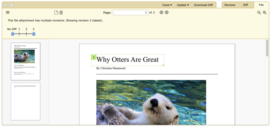 A PDF file titled "Why Otters Are Great," rendered in Review Board with a sidebar showing thumbnails of all the pages, a revision slider for seeing older versions and diffing between them, and additional controls for navigation and zooming. Why title shows a comment has been made on it.