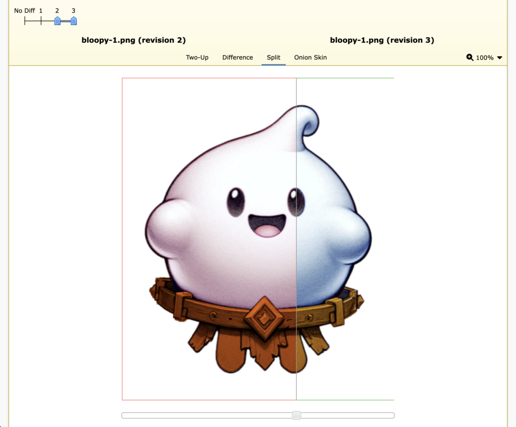Two revisions of the image uploaded in the video demos above, pink and blue versions of "Bloopy," diffed with a Split View letting people move a slider to see segments of the image side-by-side.