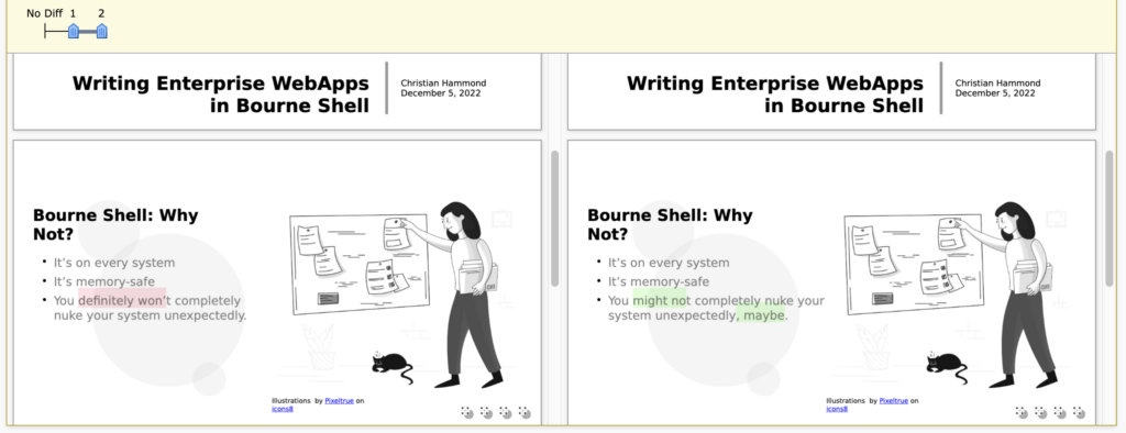 A side-by-side view of two revisions of a presentation, fully rendered, with highlighting showing the changes in the text content.