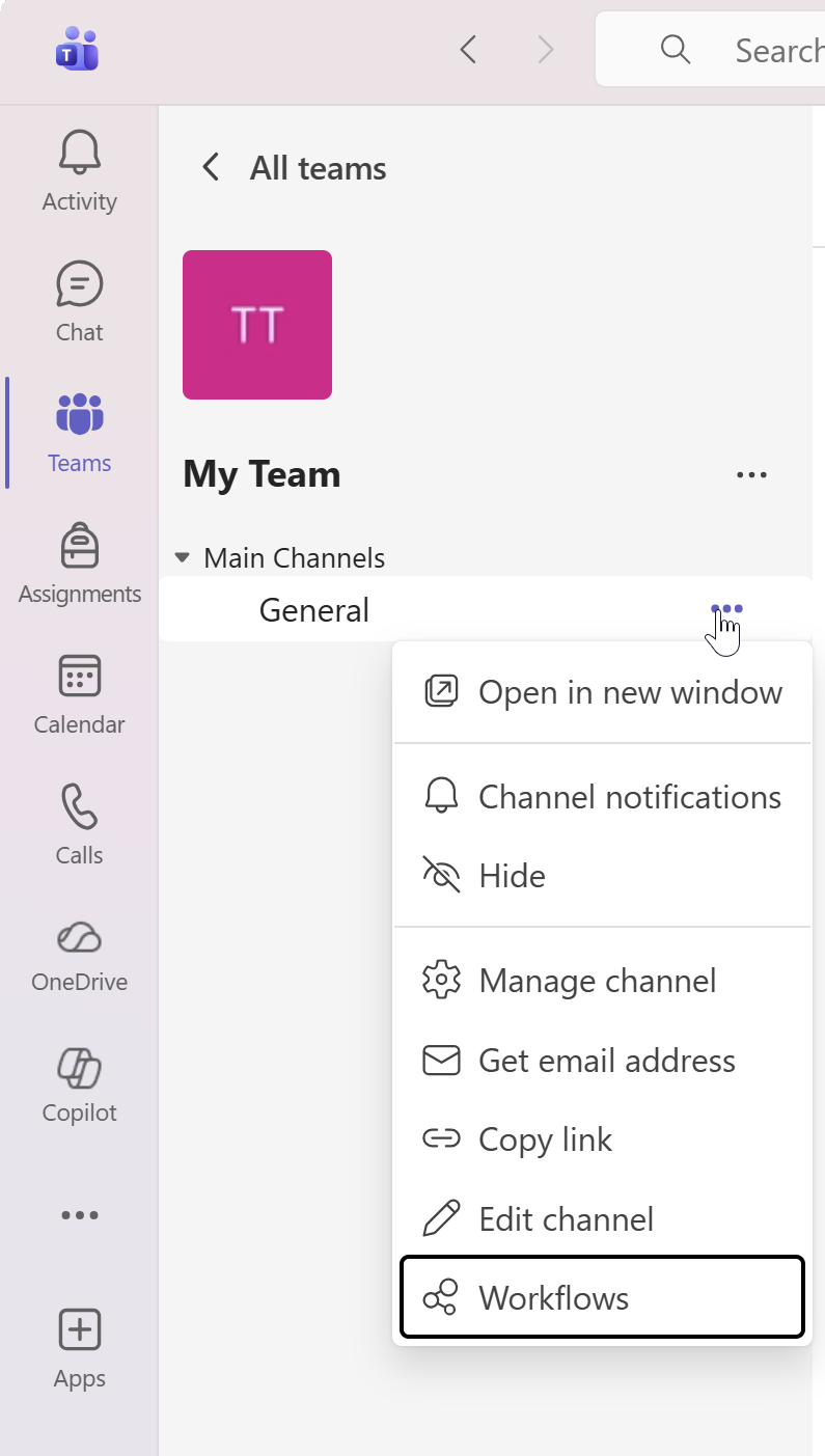 A Microsoft Teams side panel with a channel's dropdown settings open.