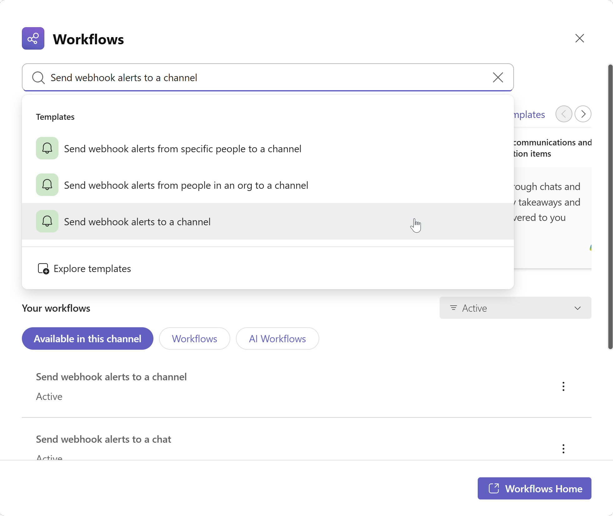 The Microsoft Teams Workflows settings page for a channel.