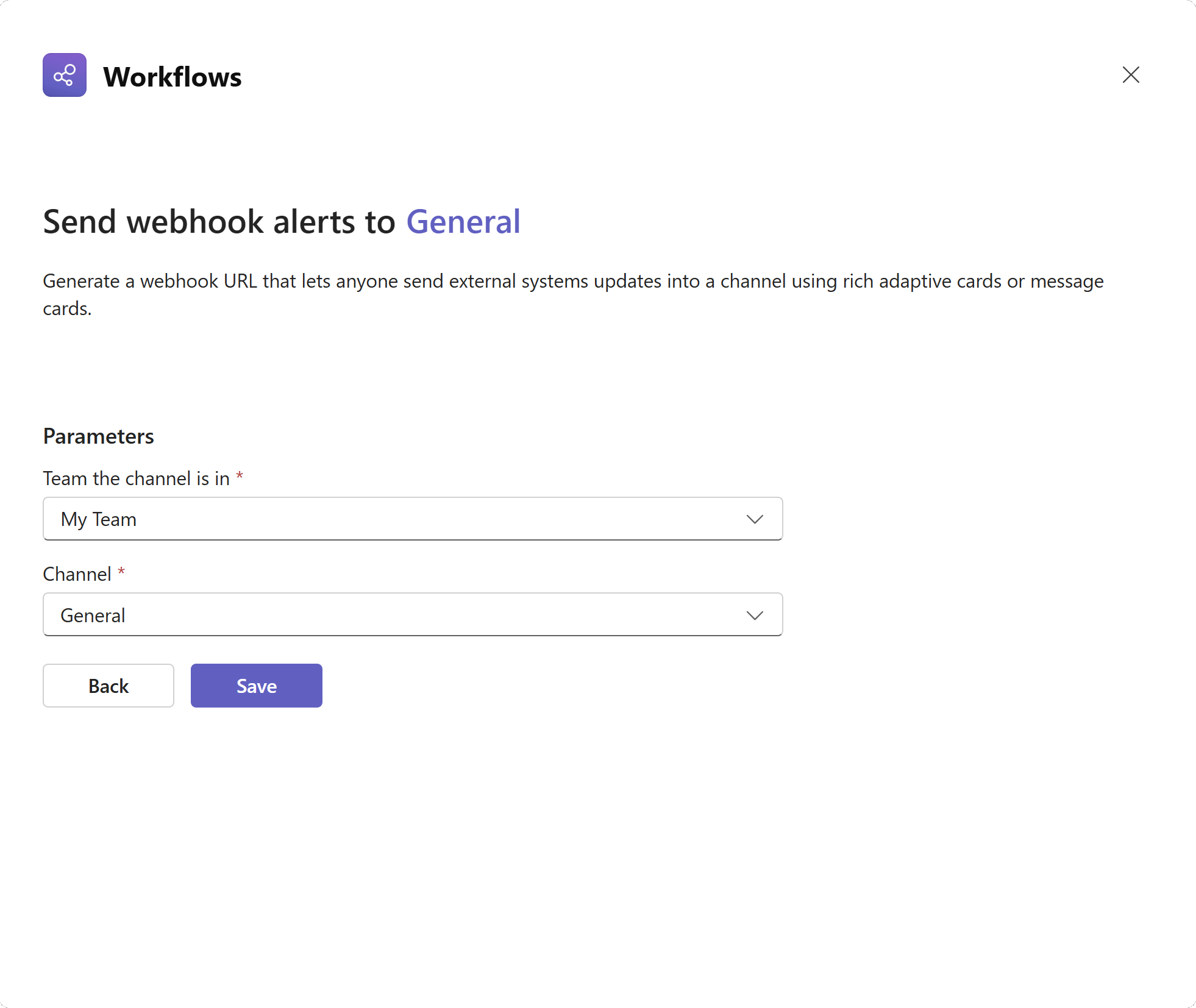 A Microsoft Teams webhook confirmation page.