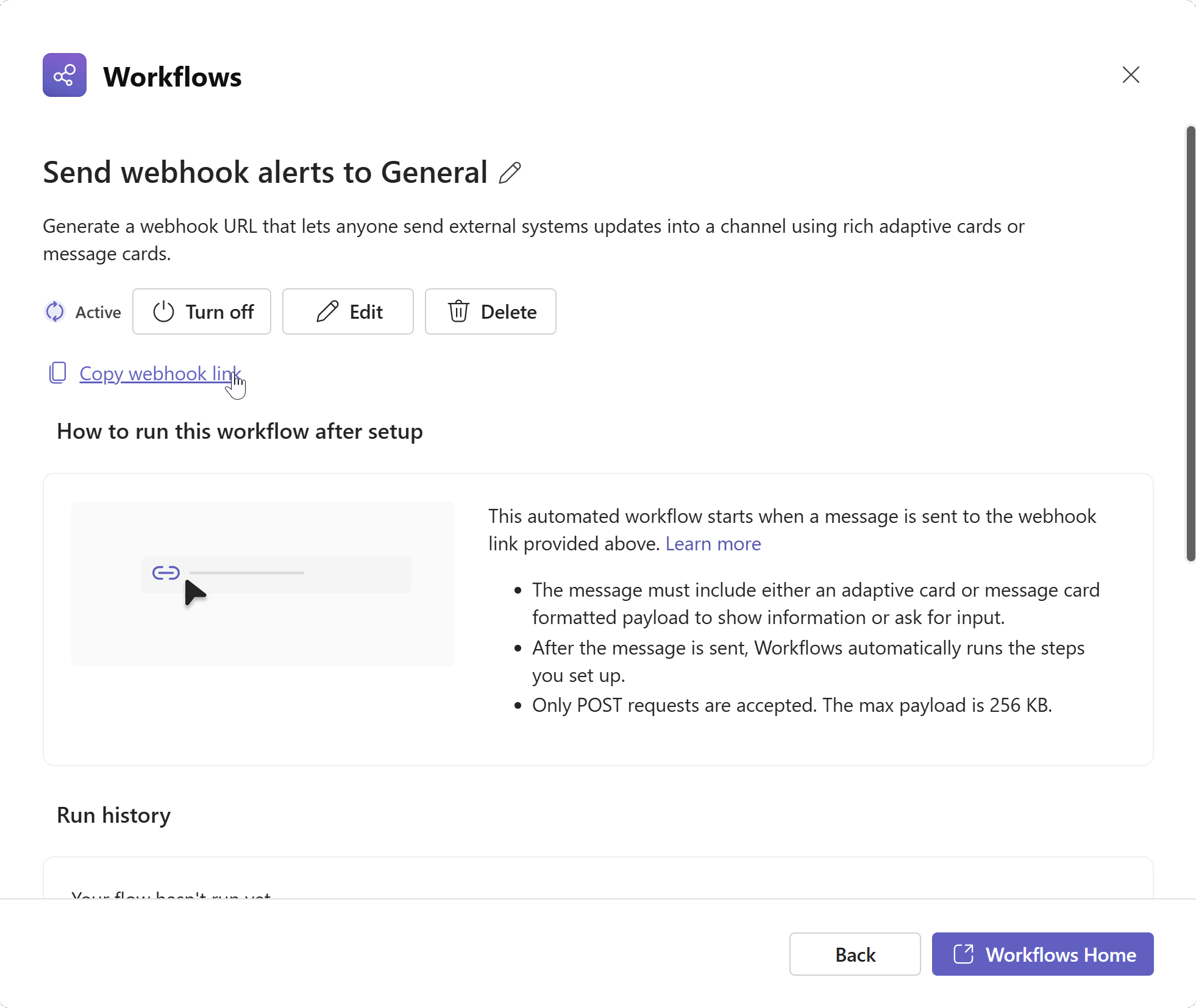 A Microsoft Teams webhook settings page with the "Copy webhook link" link selected.