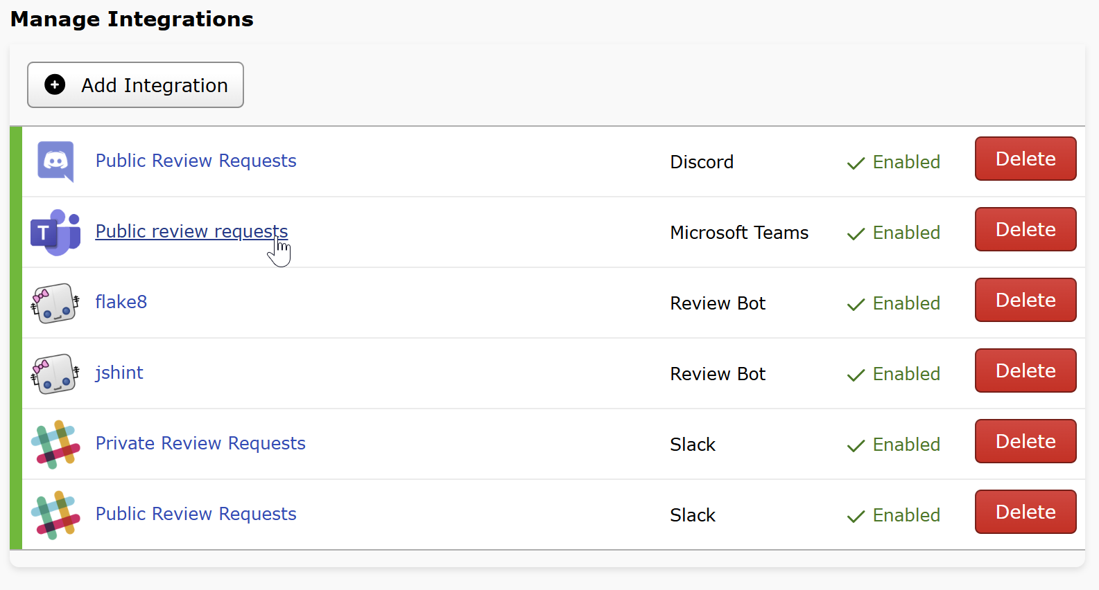 The Review Board integrations settings page with an MS teams integration selected.