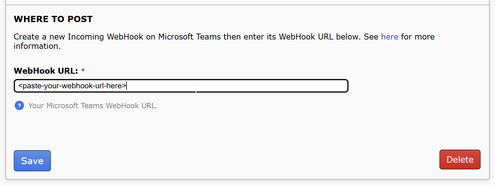The WebHook URL field for an Integration's settings.